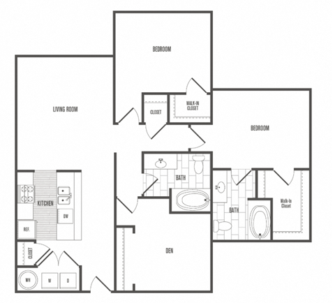 Floor plan for 2 beds, 2 baths, 1166 sqft